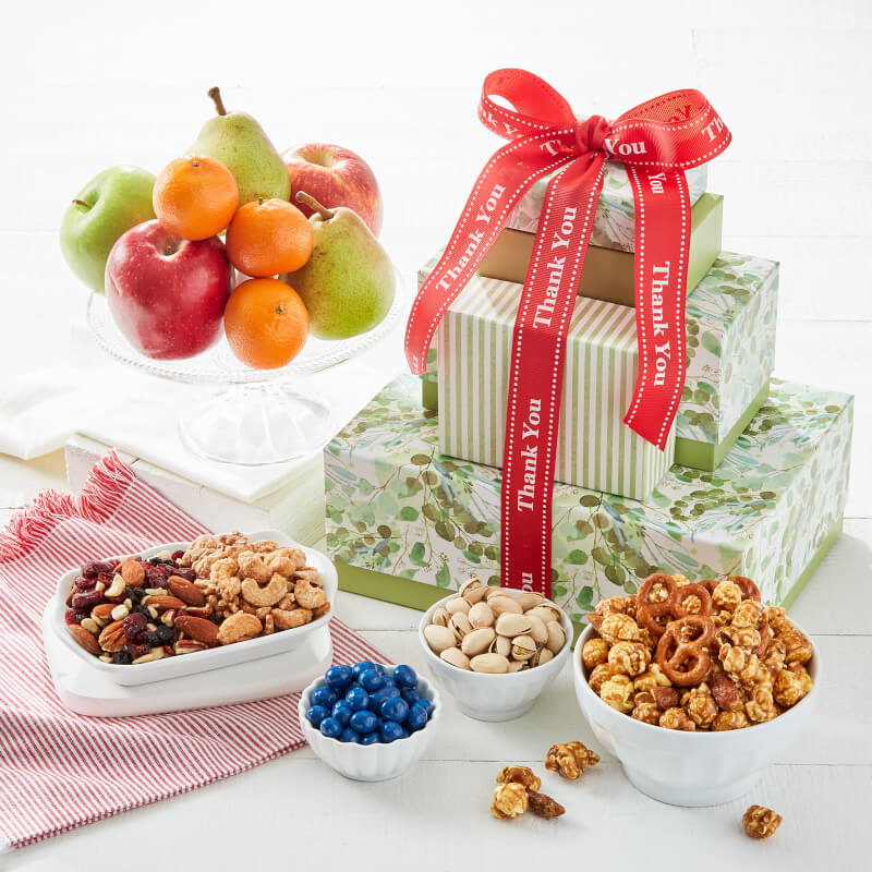 Simple Orchards Merry Christmas and Happy New Year Gift Basket Tower, with Dried Fruits & Nuts Gourmet Cravings Indulgence - 6 Tier Food Basket Gift