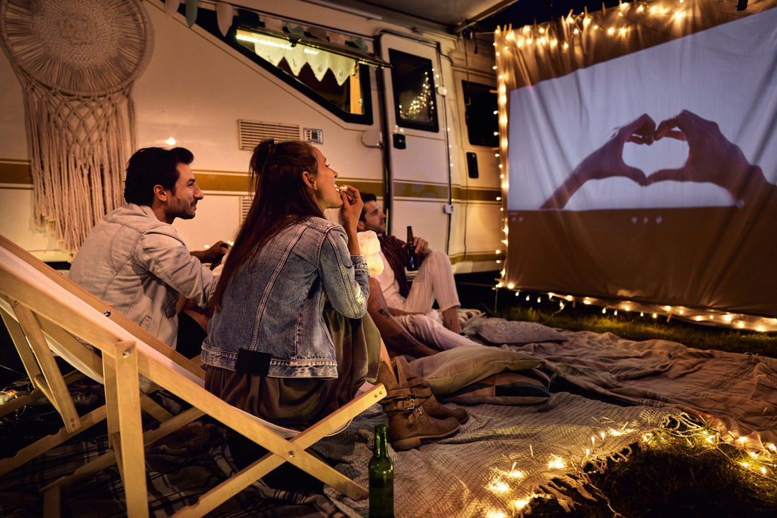 Friends enjoying an outdoor movie night 