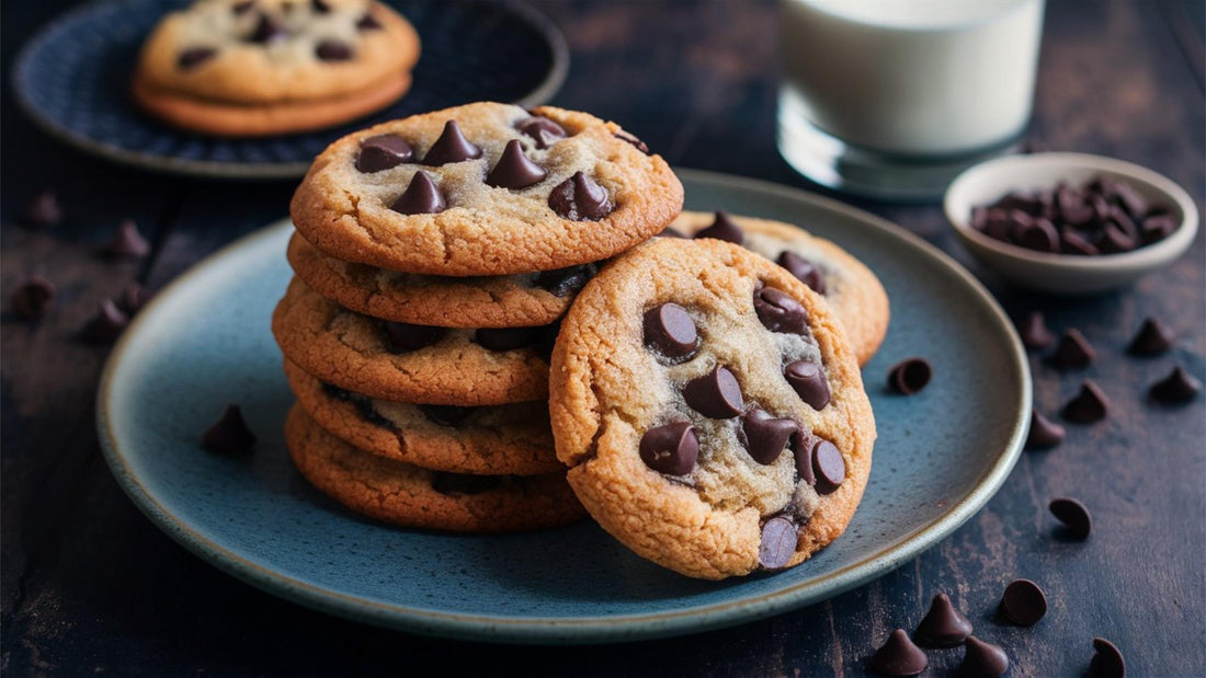 A stack of chocolate chip cookies on a plate surrounded by chocolate chips 