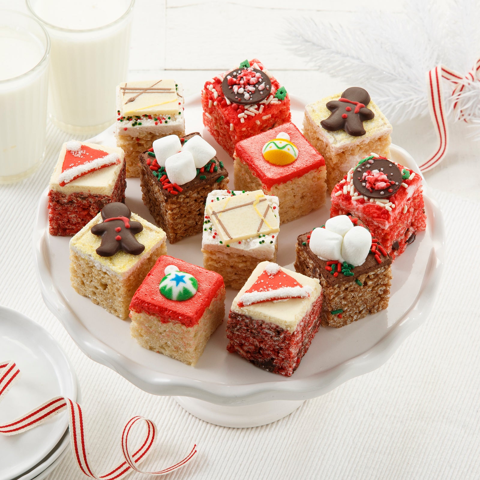 An assortment of holiday-decorated rice krispie treats