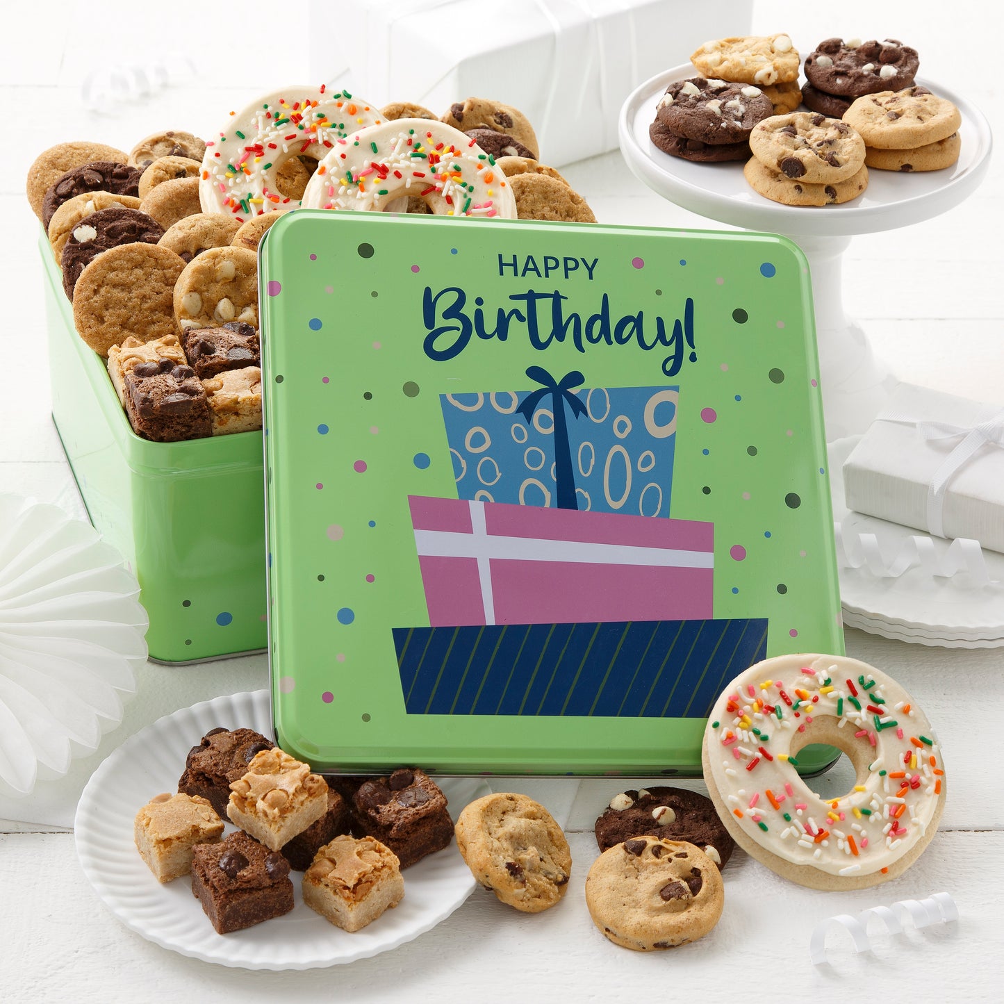 Happy Birthday Tin with 36 Nibblers Bite-Sized Cookies, 18 Brownie Bites and 3 Frosted Donut Cookies