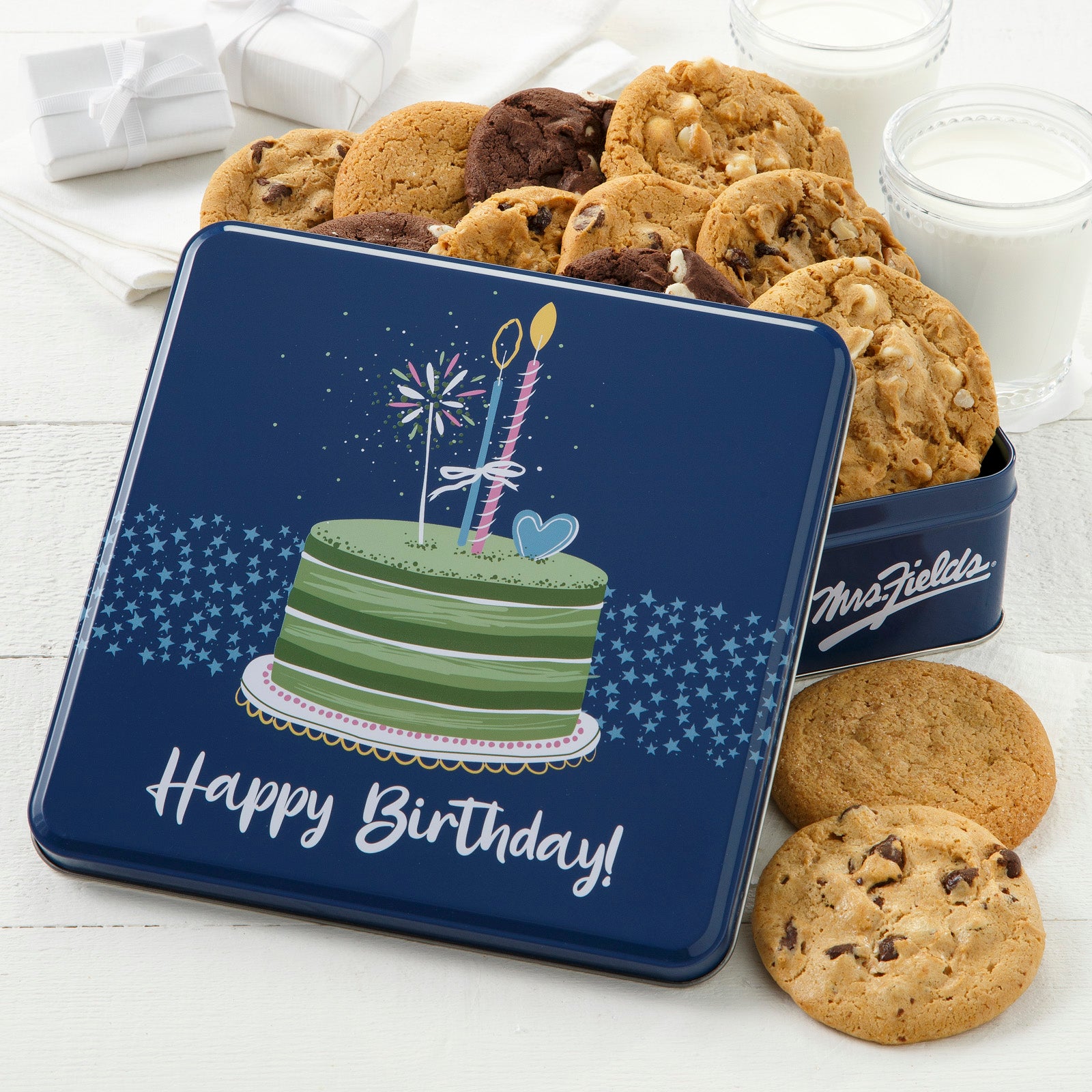 Blue Happy Birthday tin decorated with a green Birthday cake and containing 12 Original cookies 