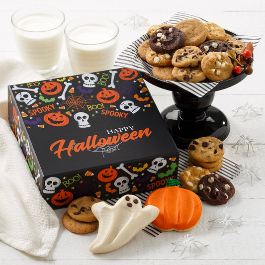 Halloween themed box with fun spooky characters. Jack o Lanterns, skeletons and bats decorating the box. This box is filled with an assortment of Nibblers® and frosted pumpkin and ghost cookies. 