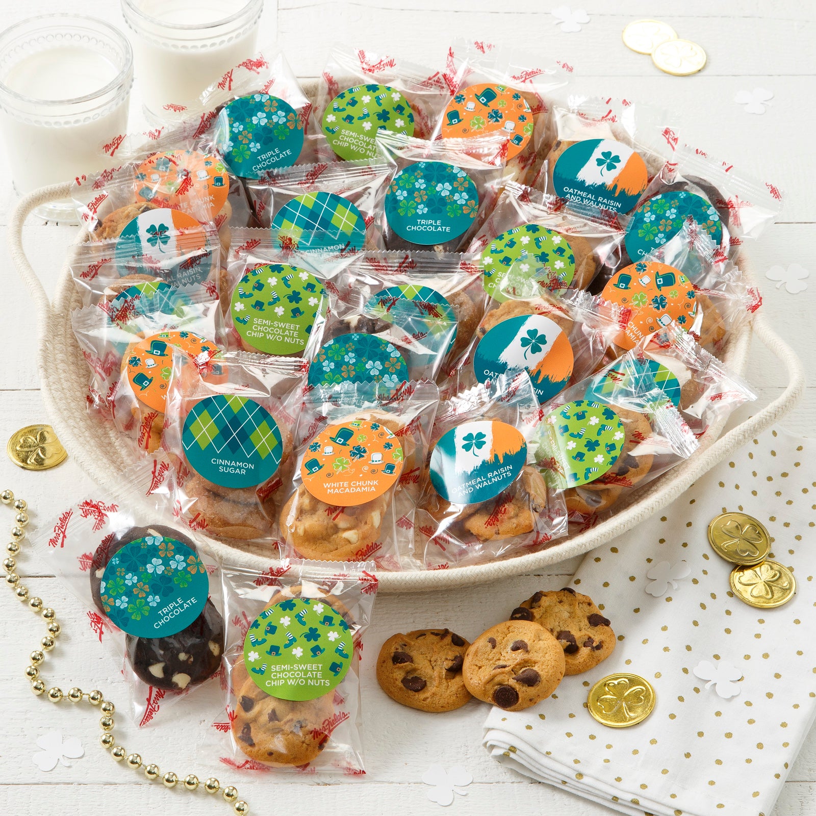 An assortment of packaged nibblers with St. Patrick's day stickers