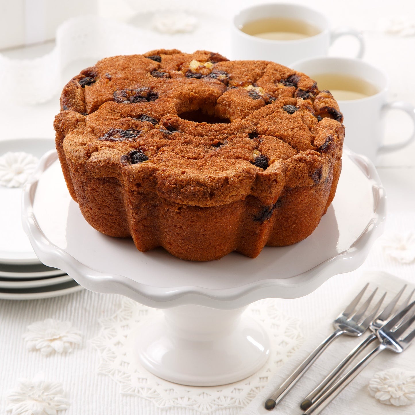 Small round blueberry coffee cake